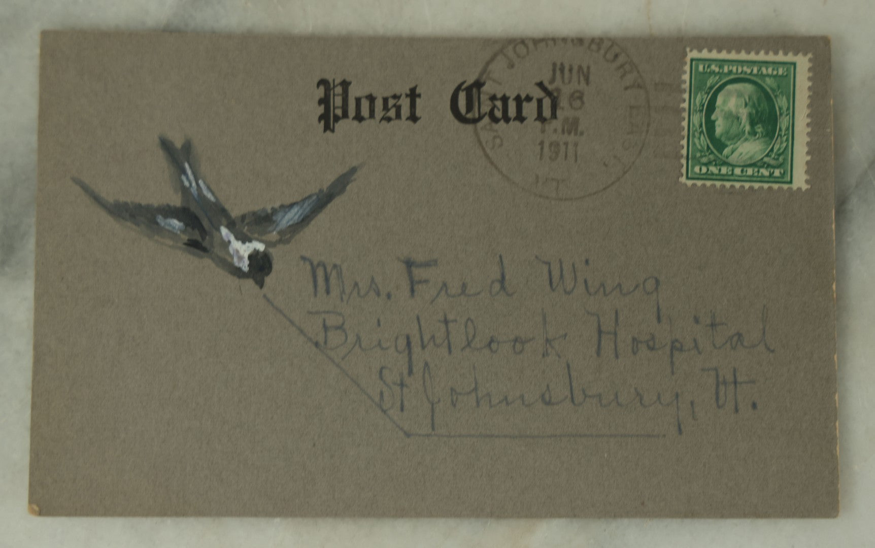 Lot 108 - Pair Of Antique Hand Painted Watercolor Landscape Postcards Of A Small Red House In The Woods, One With Bird Painted On Back, Both Postmarked 1911