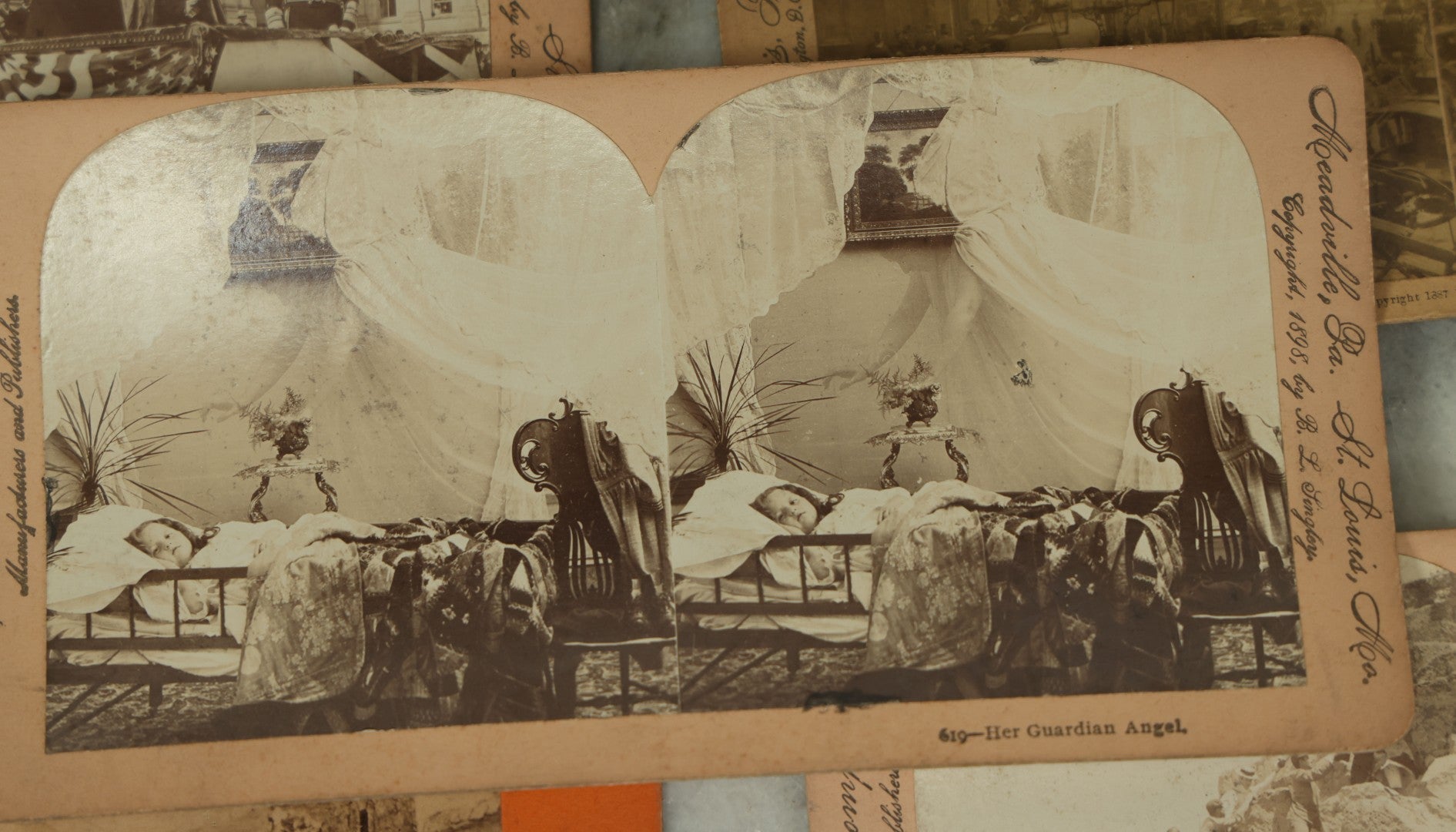 Lot 110 - Grouping Of Five Antique Stereo View Stereo Optic Photograph Cards Including "Her Guardian Angel" Trick Shot Spirit Ghost Photograph, Other Landmarks, Scenes