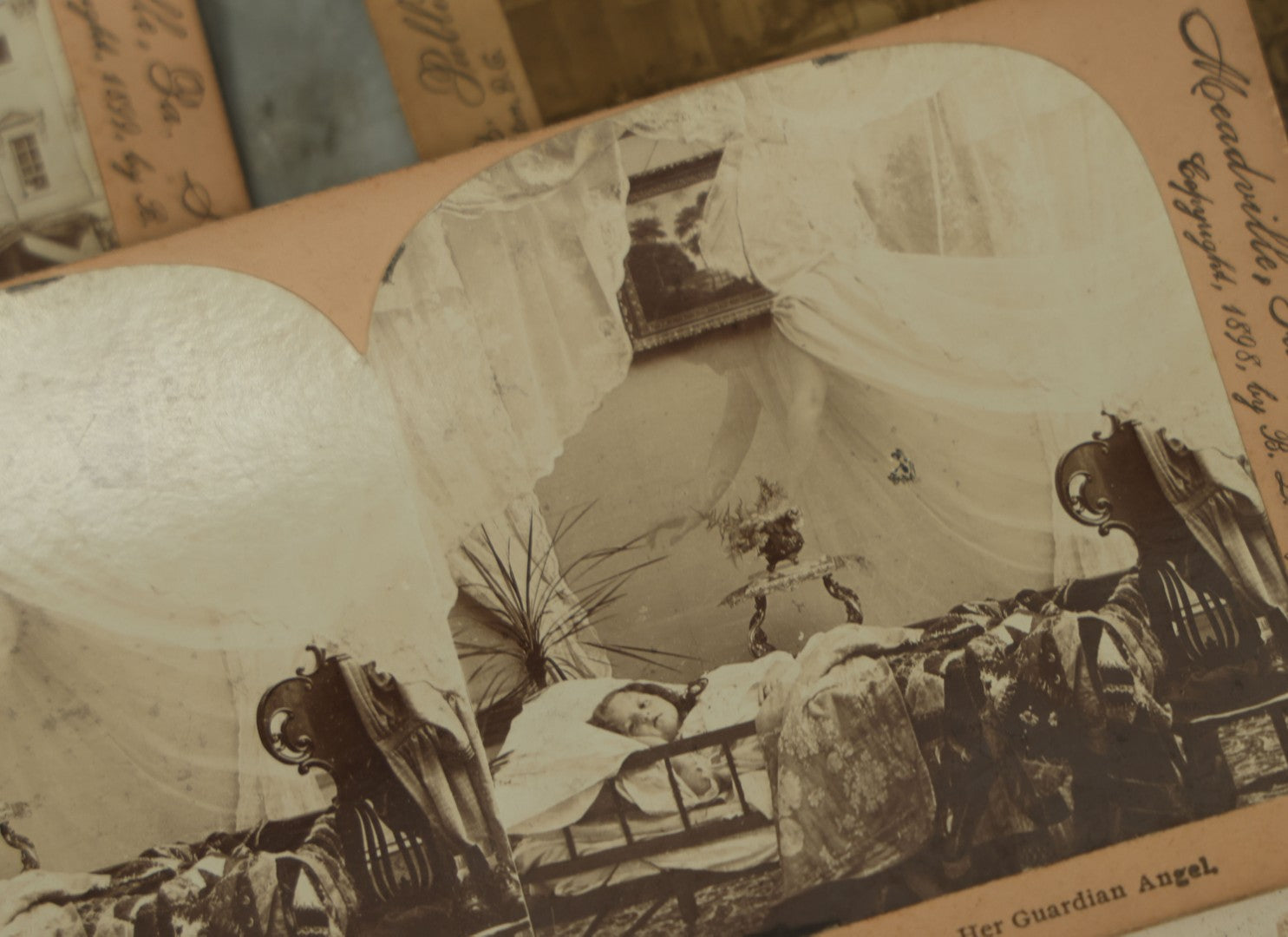 Lot 110 - Grouping Of Five Antique Stereo View Stereo Optic Photograph Cards Including "Her Guardian Angel" Trick Shot Spirit Ghost Photograph, Other Landmarks, Scenes