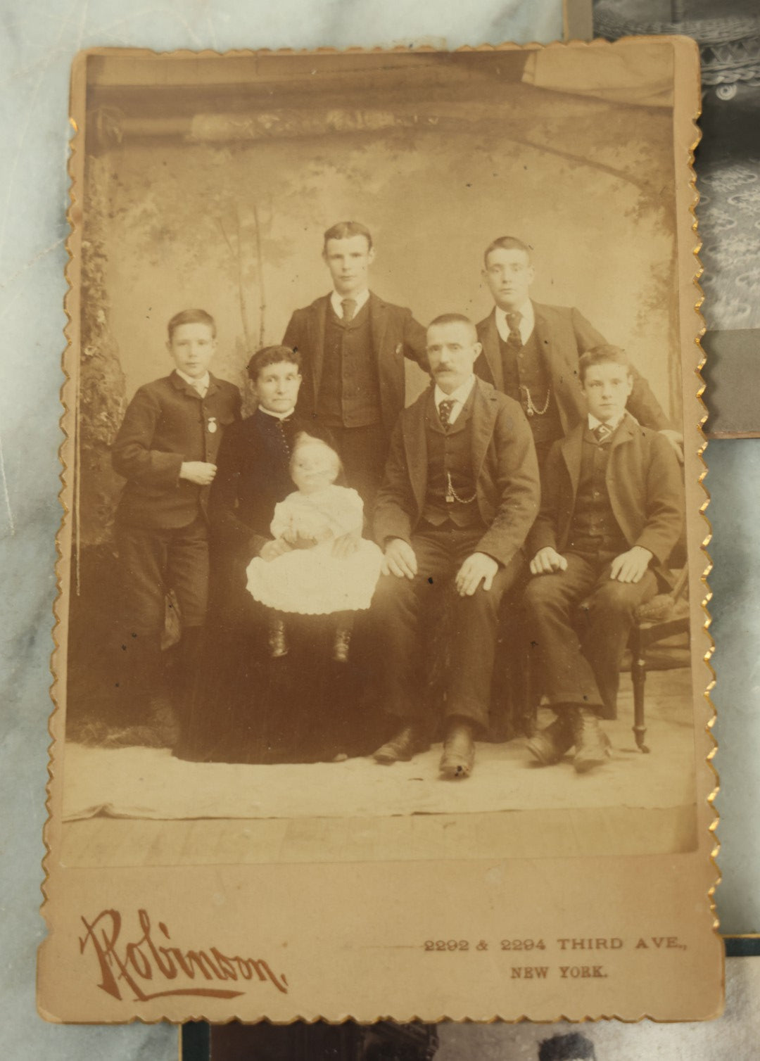 Lot 114 - Grouping Of Seven Assorted Cabinet Card Photographs Of Men, Children, And Families, Photographers From New York, New Jersey, Etc.