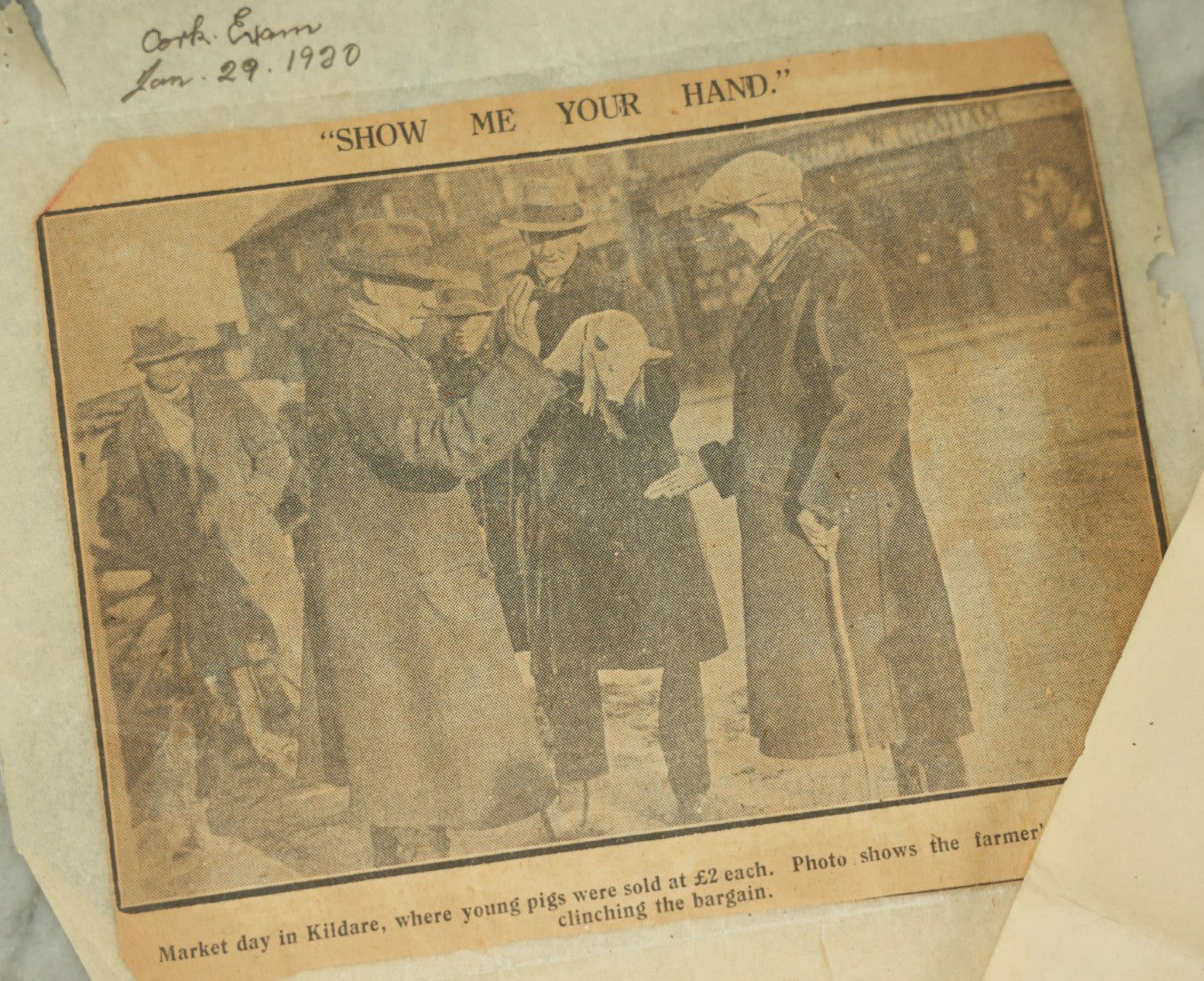 Lot 118 - Antique Ephemera Grouping With Press Photo Of Man Selling A Pig, Along With Newspaper Article And Documents Relating To The Licensing Of The Photo, 1920