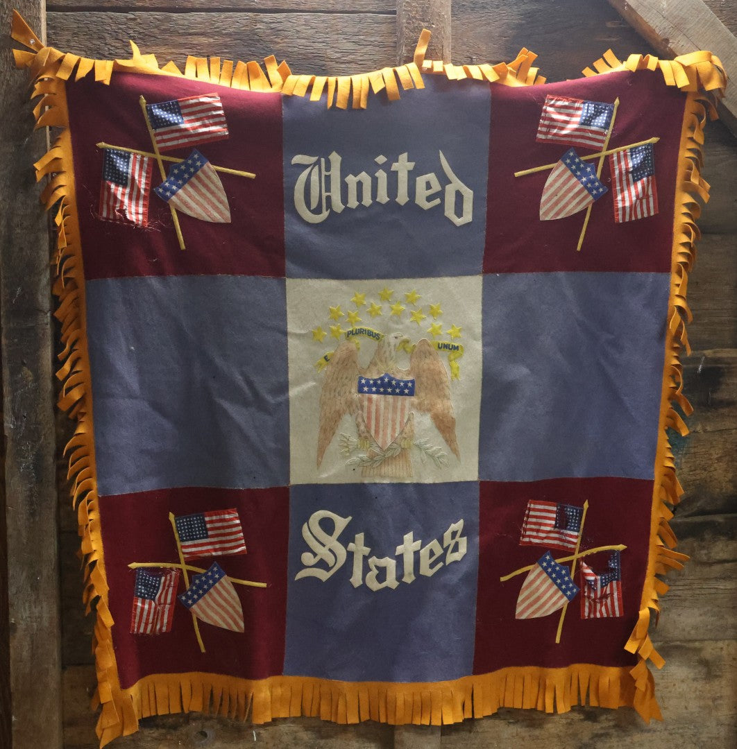 Lot 002 - Large Vintage United States Patriotic Wall Hanging Felt Banner With 48 Star Flags, Circa World War II, Note Wear, Fraying, Approximately 50" x 50"