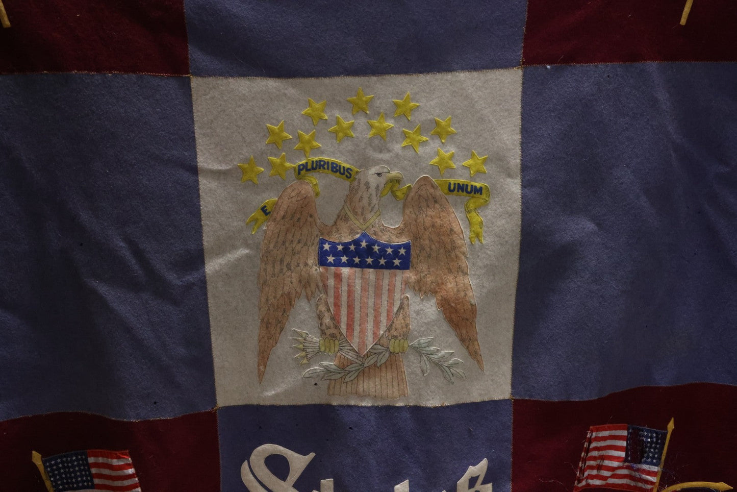 Lot 002 - Large Vintage United States Patriotic Wall Hanging Felt Banner With 48 Star Flags, Circa World War II, Note Wear, Fraying, Approximately 50" x 50"