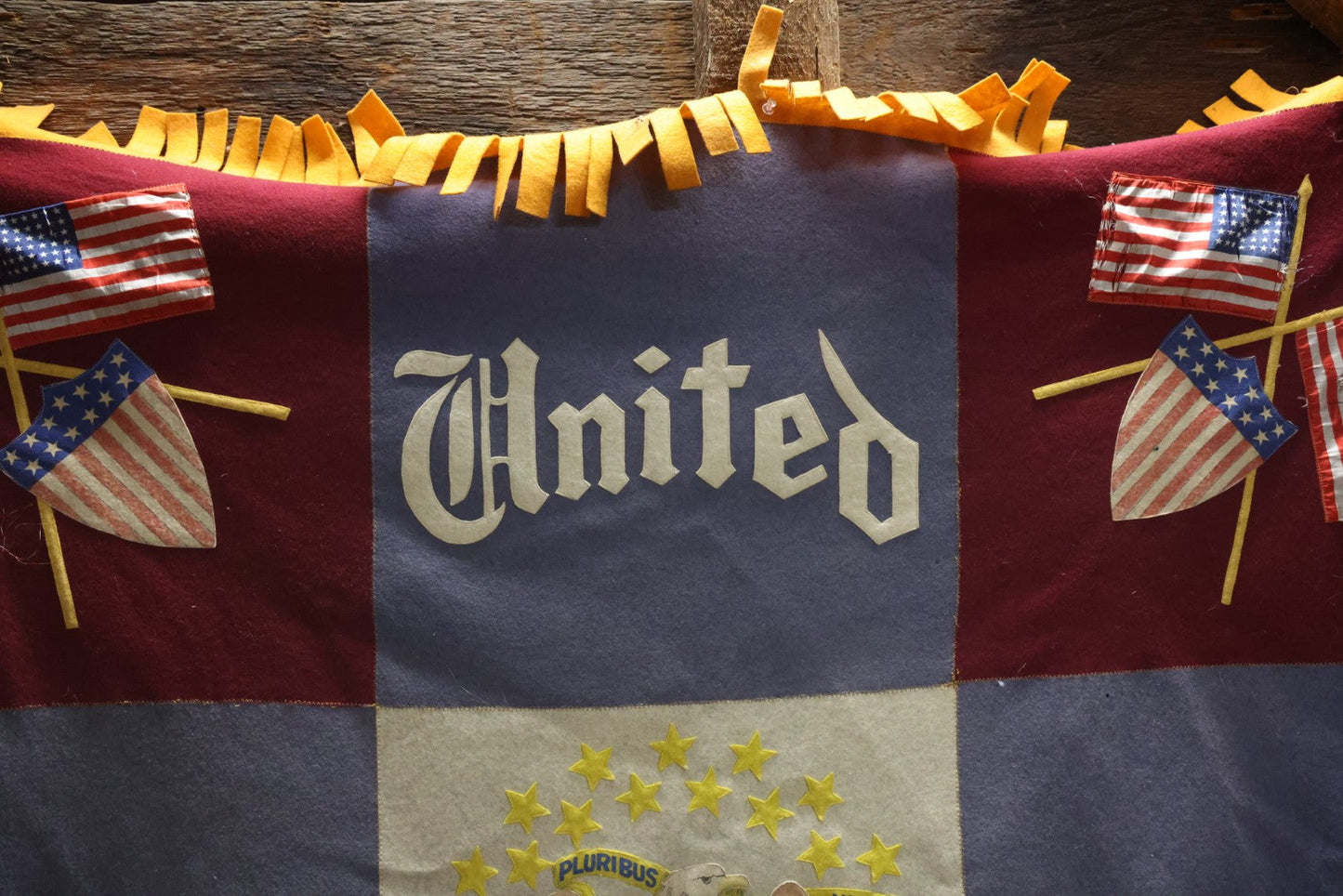 Lot 002 - Large Vintage United States Patriotic Wall Hanging Felt Banner With 48 Star Flags, Circa World War II, Note Wear, Fraying, Approximately 50" x 50"