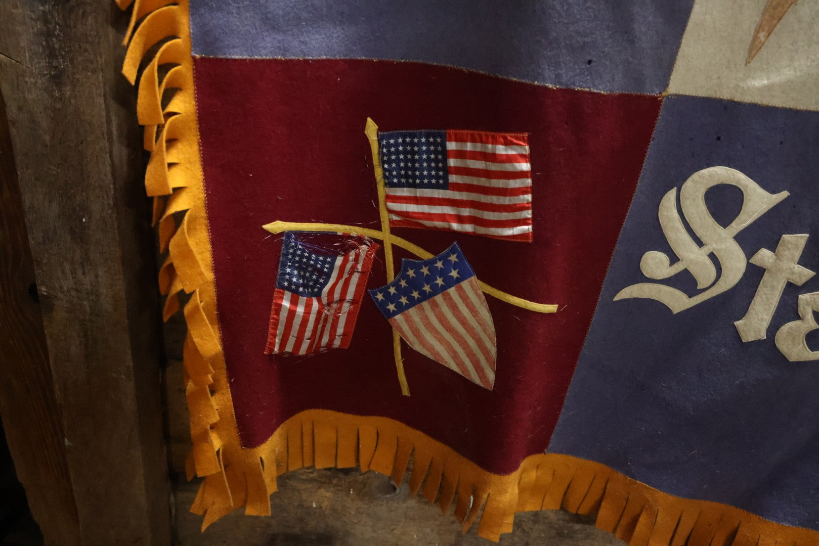 Lot 002 - Large Vintage United States Patriotic Wall Hanging Felt Banner With 48 Star Flags, Circa World War II, Note Wear, Fraying, Approximately 50" x 50"