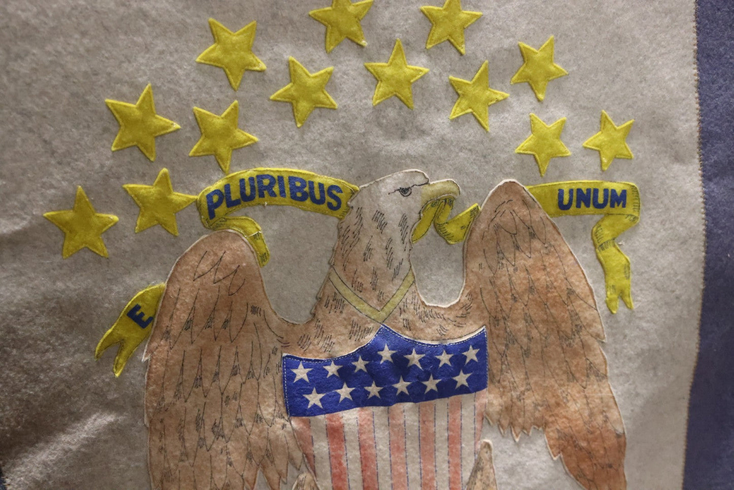 Lot 002 - Large Vintage United States Patriotic Wall Hanging Felt Banner With 48 Star Flags, Circa World War II, Note Wear, Fraying, Approximately 50" x 50"