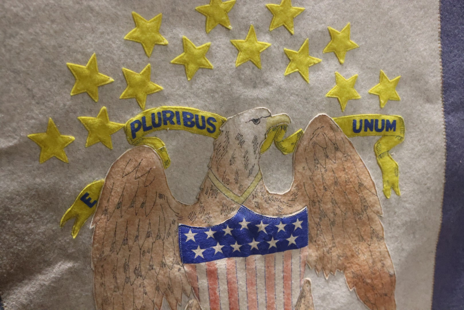 Lot 002 - Large Vintage United States Patriotic Wall Hanging Felt Banner With 48 Star Flags, Circa World War II, Note Wear, Fraying, Approximately 50" x 50"