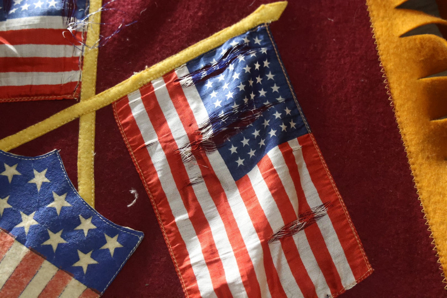 Lot 002 - Large Vintage United States Patriotic Wall Hanging Felt Banner With 48 Star Flags, Circa World War II, Note Wear, Fraying, Approximately 50" x 50"