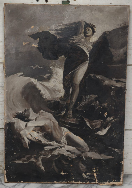 Lot 003 - Antique Oil On Canvas Painting Of Hero And Leander, Greek Myth Of Star Crossed, Ill Fated Lovers, After Ferdinand Keller, Note Severe Wear, Losses, Holes, Circa 1890, 20-1/8" x 30"