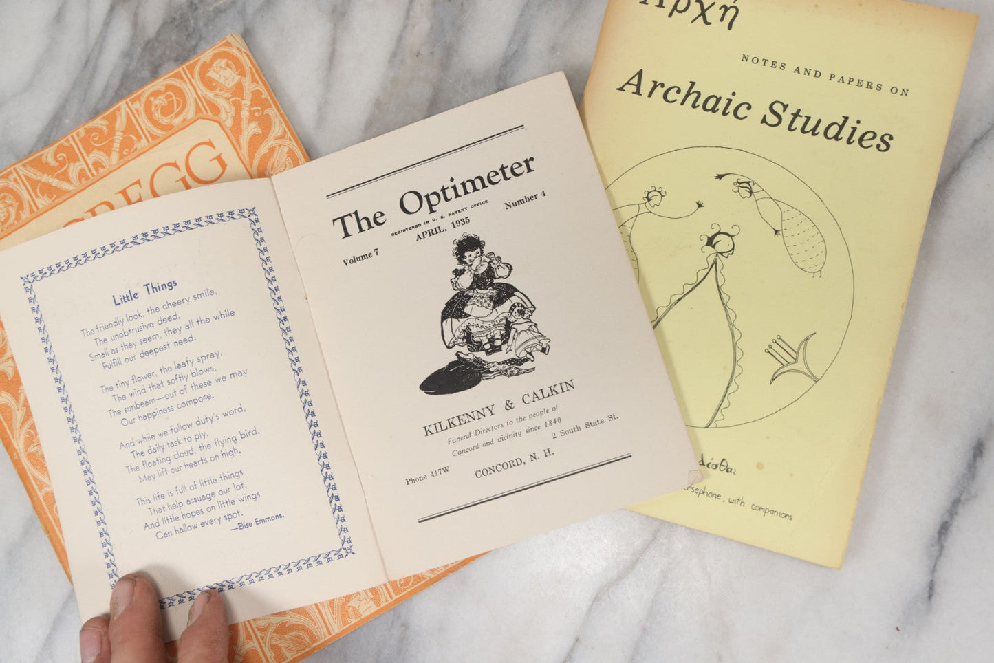 Lot 121 - Trio Of Miscellaneous Ephemera Booklets Including "The Optimeter" April 1935 Magazine On Optimism, Published By Kilkenny & Calkin, Funeral Directors Of Concord, N.H., Archaic Studies Booklet, And The Gregg Writer Magazine For Typists