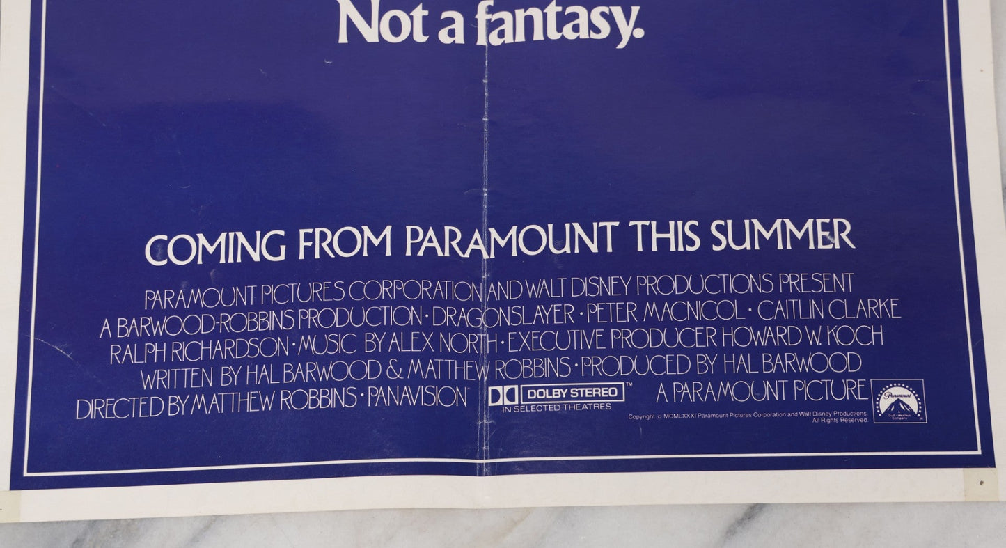 Lot 122 - Vintage Dragon Slayer Movie Poster, 1981, Paramount Pictures And Walt Disney Productions, Folded