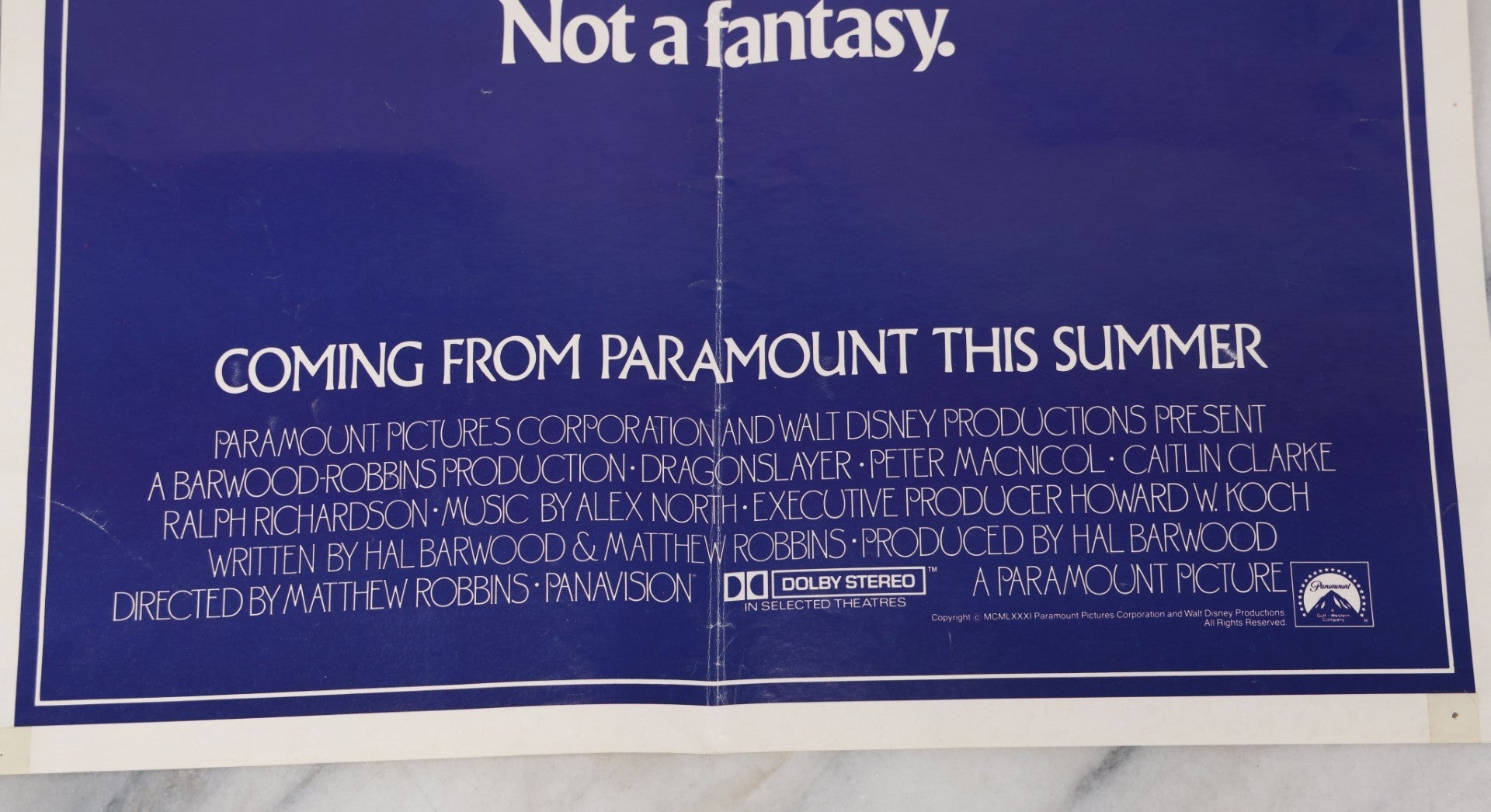 Lot 122 - Vintage Dragon Slayer Movie Poster, 1981, Paramount Pictures And Walt Disney Productions, Folded