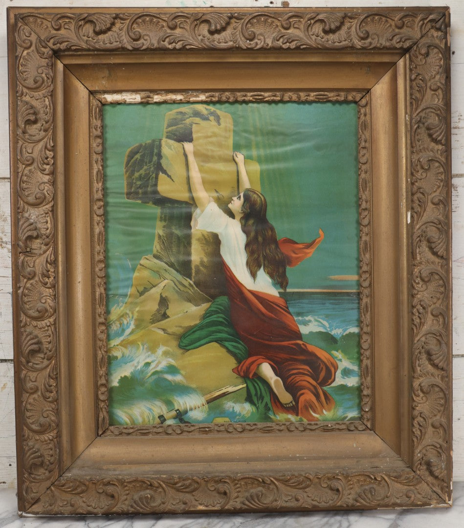 Lot 004 - Antique Chromolithograph Of The "Rock Of Ages" Woman At Sea In Distress Clinging To Cross, In Large Ornate Gilded Frame, 26-1/4" x 30-1/4"