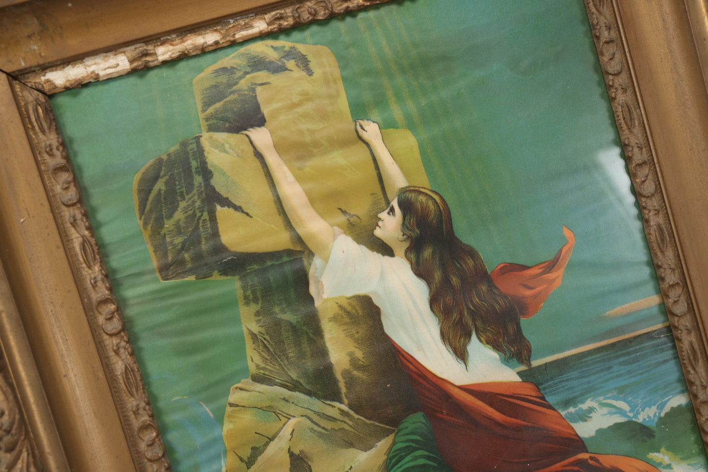 Lot 004 - Antique Chromolithograph Of The "Rock Of Ages" Woman At Sea In Distress Clinging To Cross, In Large Ornate Gilded Frame, 26-1/4" x 30-1/4"