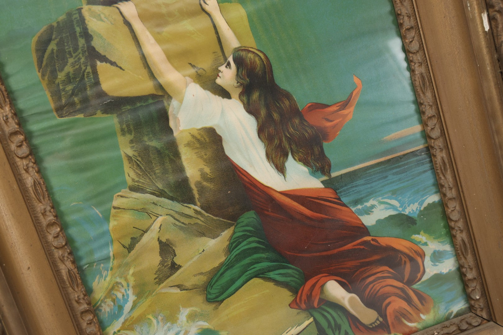 Lot 004 - Antique Chromolithograph Of The "Rock Of Ages" Woman At Sea In Distress Clinging To Cross, In Large Ornate Gilded Frame, 26-1/4" x 30-1/4"