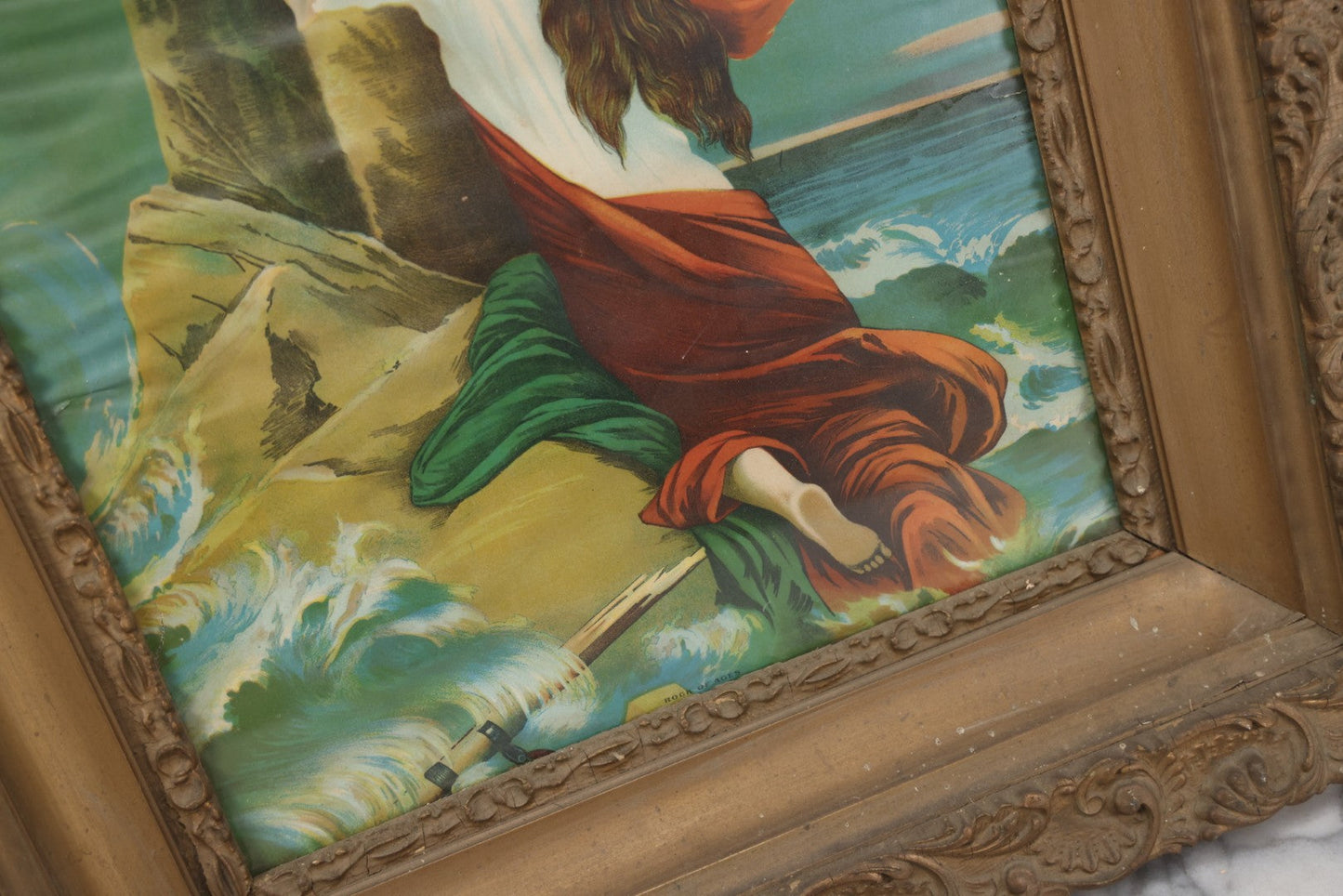 Lot 004 - Antique Chromolithograph Of The "Rock Of Ages" Woman At Sea In Distress Clinging To Cross, In Large Ornate Gilded Frame, 26-1/4" x 30-1/4"