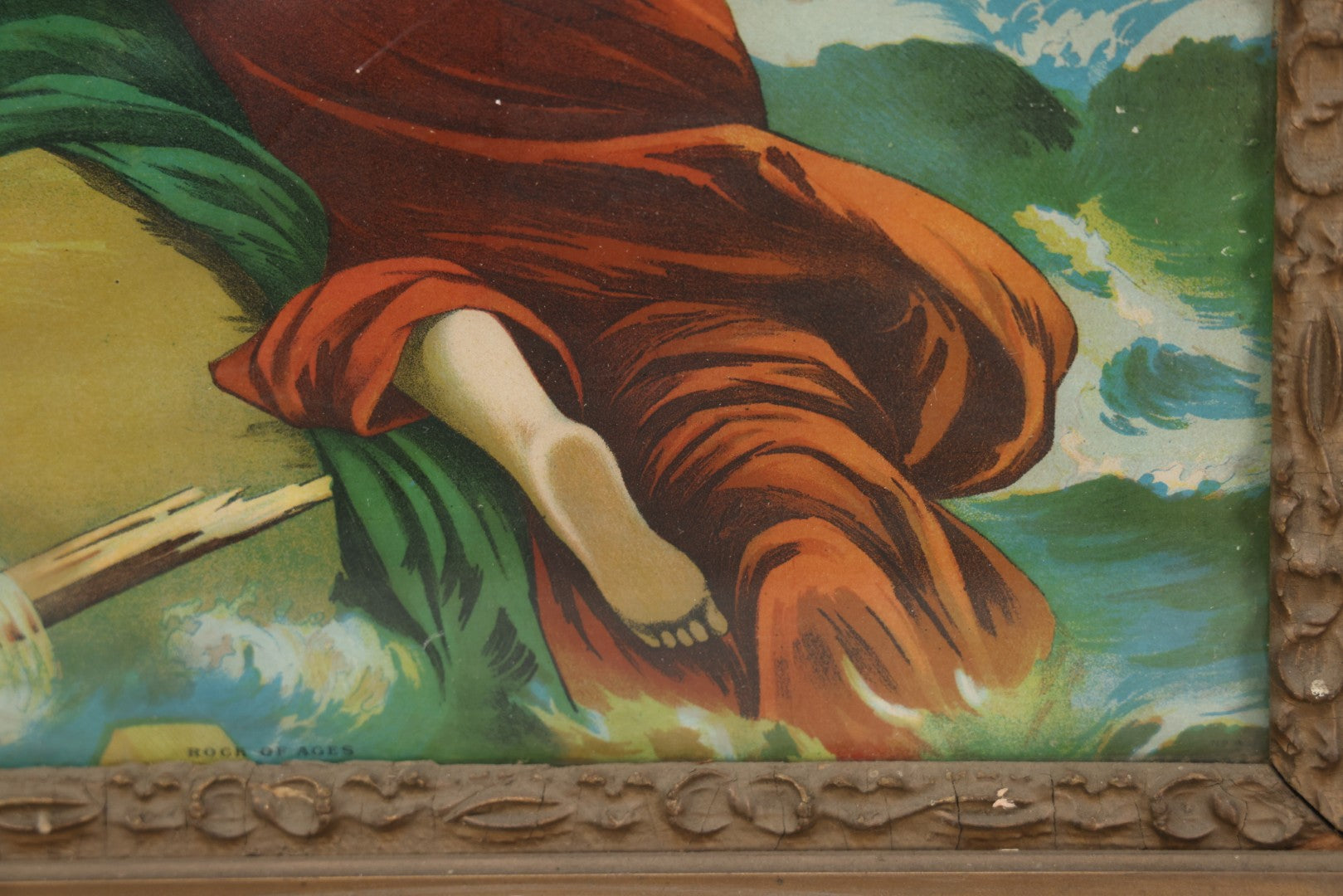 Lot 004 - Antique Chromolithograph Of The "Rock Of Ages" Woman At Sea In Distress Clinging To Cross, In Large Ornate Gilded Frame, 26-1/4" x 30-1/4"