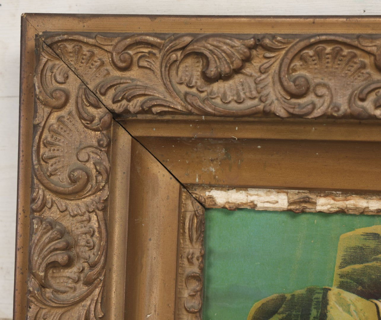 Lot 004 - Antique Chromolithograph Of The "Rock Of Ages" Woman At Sea In Distress Clinging To Cross, In Large Ornate Gilded Frame, 26-1/4" x 30-1/4"