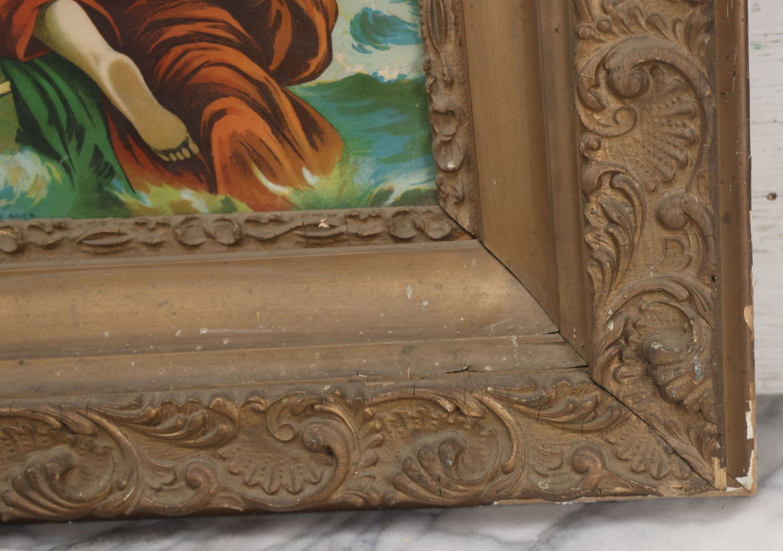 Lot 004 - Antique Chromolithograph Of The "Rock Of Ages" Woman At Sea In Distress Clinging To Cross, In Large Ornate Gilded Frame, 26-1/4" x 30-1/4"