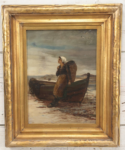 Lot 005 - Antique Oil On Canvas Painting Of Young Woman Leaning Against Moored Fishing Boat On The Beach With Basket On Back, White Hair Scarf, In Ornate Gilt Frame, 18" x 22"