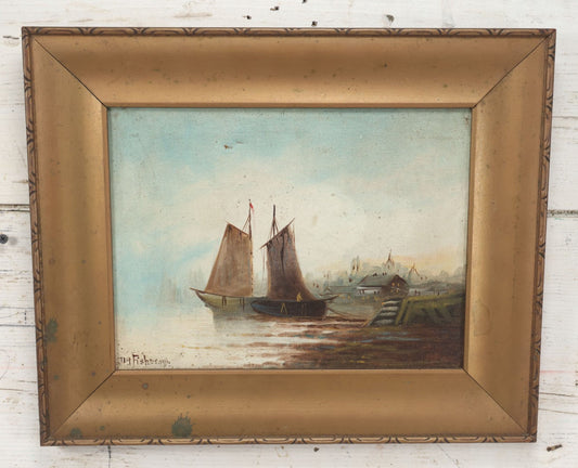 Lot 006 - Antique Oil On Canvas Painting Of A Ship, Dock, Shore, Signed D.A. Fisher (1867-1940, Maine & California), Listed Artist, In Frame, Note Wear, 16-5/8" x 13-5/8"