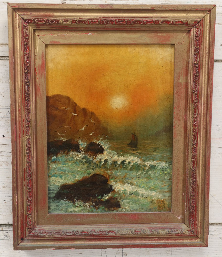 Lot 007 - Antique Oil On Canvas Painting Of A Ship On Choppy Water At Sunset, Seagulls, Bluffs, Artist Signed E. Lacey, 1907, In Frame, Note Wear, Discoloration, 13-3/8" x 16-1/4"