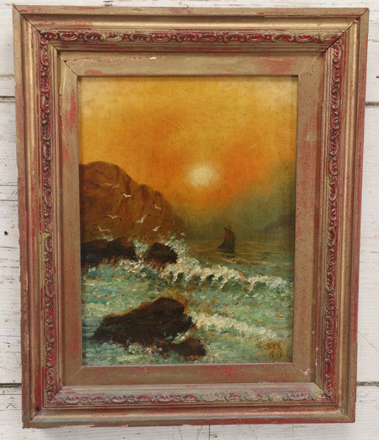 Lot 007 - Antique Oil On Canvas Painting Of A Ship On Choppy Water At Sunset, Seagulls, Bluffs, Artist Signed E. Lacey, 1907, In Frame, Note Wear, Discoloration, 13-3/8" x 16-1/4"