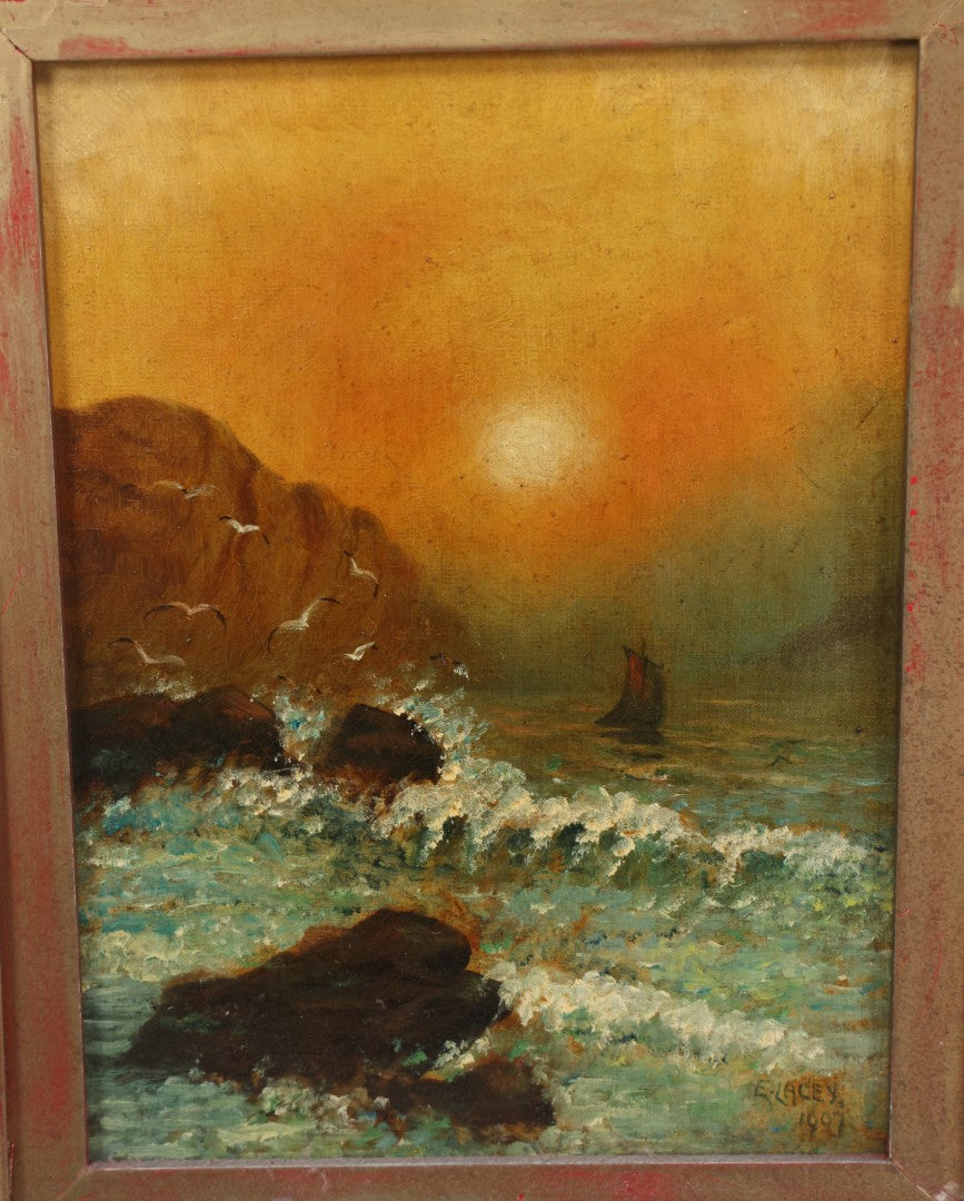 Lot 007 - Antique Oil On Canvas Painting Of A Ship On Choppy Water At Sunset, Seagulls, Bluffs, Artist Signed E. Lacey, 1907, In Frame, Note Wear, Discoloration, 13-3/8" x 16-1/4"
