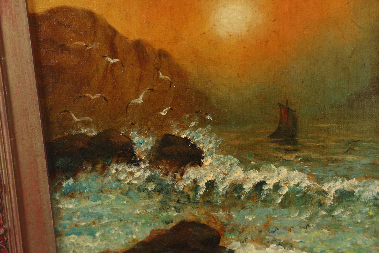 Lot 007 - Antique Oil On Canvas Painting Of A Ship On Choppy Water At Sunset, Seagulls, Bluffs, Artist Signed E. Lacey, 1907, In Frame, Note Wear, Discoloration, 13-3/8" x 16-1/4"