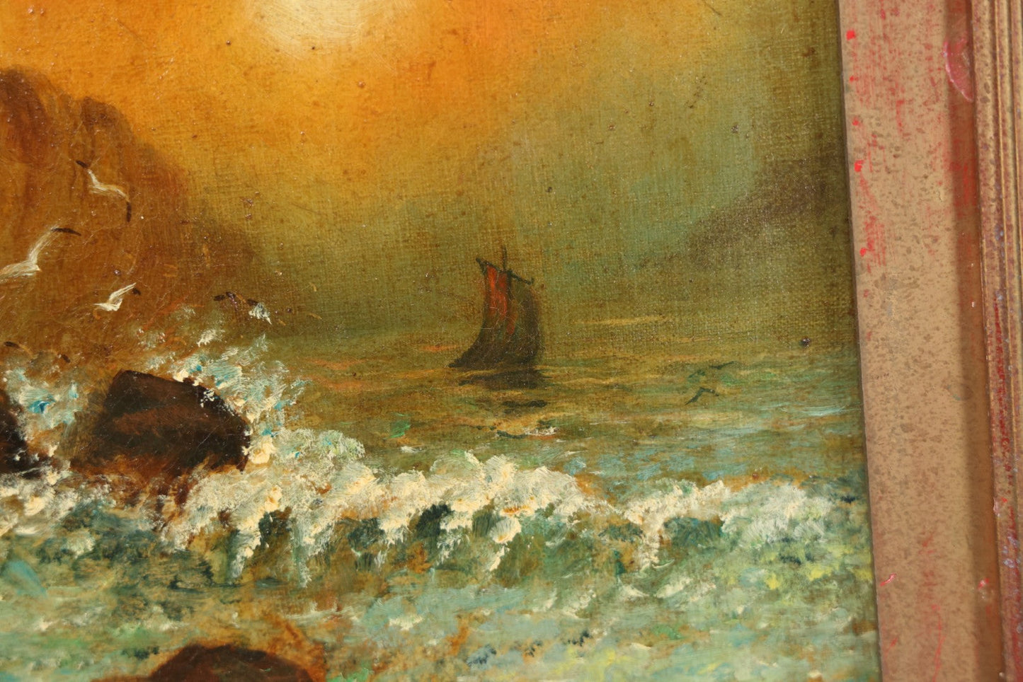 Lot 007 - Antique Oil On Canvas Painting Of A Ship On Choppy Water At Sunset, Seagulls, Bluffs, Artist Signed E. Lacey, 1907, In Frame, Note Wear, Discoloration, 13-3/8" x 16-1/4"