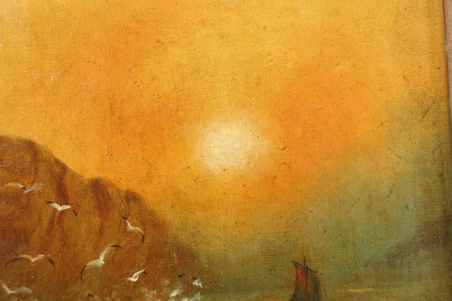 Lot 007 - Antique Oil On Canvas Painting Of A Ship On Choppy Water At Sunset, Seagulls, Bluffs, Artist Signed E. Lacey, 1907, In Frame, Note Wear, Discoloration, 13-3/8" x 16-1/4"