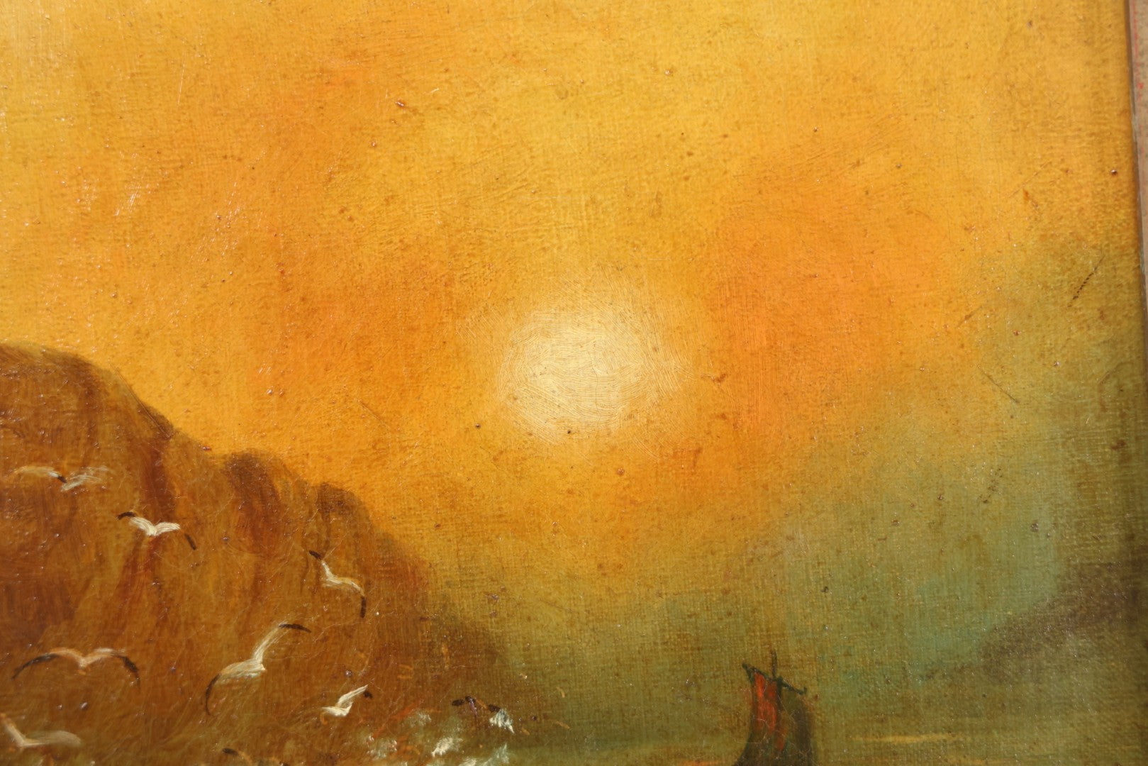 Lot 007 - Antique Oil On Canvas Painting Of A Ship On Choppy Water At Sunset, Seagulls, Bluffs, Artist Signed E. Lacey, 1907, In Frame, Note Wear, Discoloration, 13-3/8" x 16-1/4"