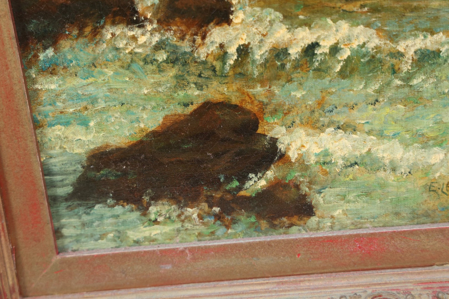 Lot 007 - Antique Oil On Canvas Painting Of A Ship On Choppy Water At Sunset, Seagulls, Bluffs, Artist Signed E. Lacey, 1907, In Frame, Note Wear, Discoloration, 13-3/8" x 16-1/4"