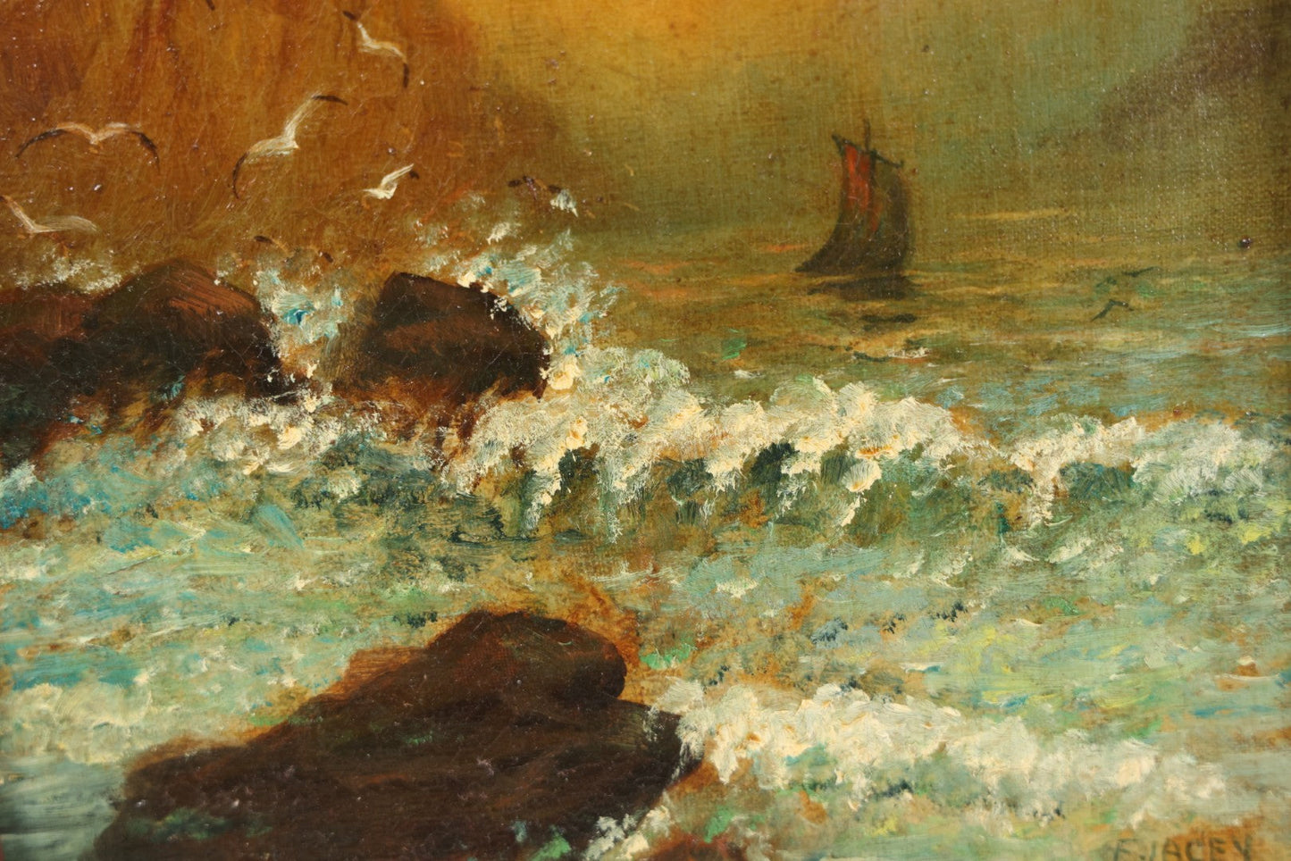 Lot 007 - Antique Oil On Canvas Painting Of A Ship On Choppy Water At Sunset, Seagulls, Bluffs, Artist Signed E. Lacey, 1907, In Frame, Note Wear, Discoloration, 13-3/8" x 16-1/4"