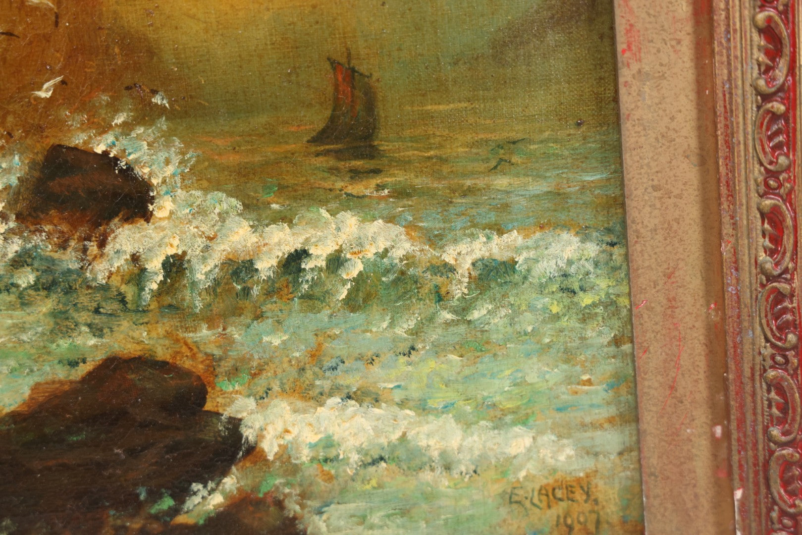 Lot 007 - Antique Oil On Canvas Painting Of A Ship On Choppy Water At Sunset, Seagulls, Bluffs, Artist Signed E. Lacey, 1907, In Frame, Note Wear, Discoloration, 13-3/8" x 16-1/4"
