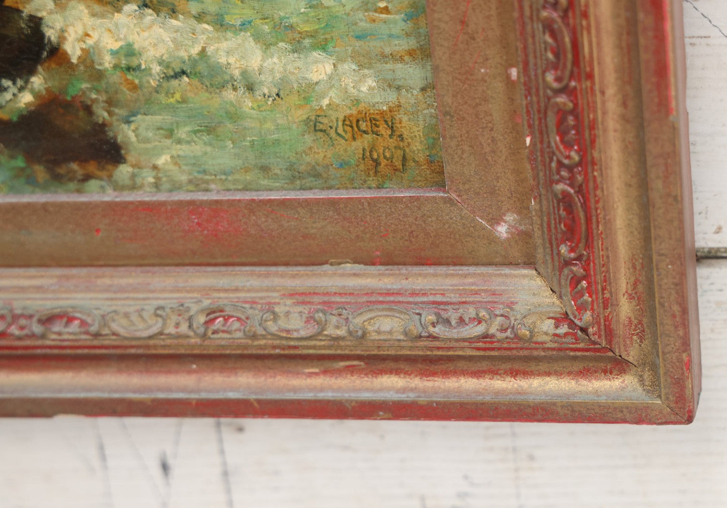Lot 007 - Antique Oil On Canvas Painting Of A Ship On Choppy Water At Sunset, Seagulls, Bluffs, Artist Signed E. Lacey, 1907, In Frame, Note Wear, Discoloration, 13-3/8" x 16-1/4"
