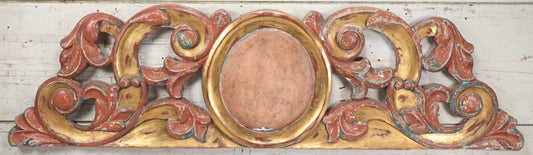 Lot 008 - Vintage Rococo Style Carved And Painted Wood Architectural Element, Pediment, Possible Carnival Remnant, Circa 20th Century, With Modern Hardware, As Found, 49-1/8" x  13-1/2"