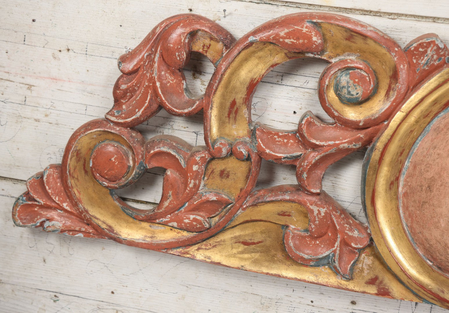 Lot 008 - Vintage Rococo Style Carved And Painted Wood Architectural Element, Pediment, Possible Carnival Remnant, Circa 20th Century, With Modern Hardware, As Found, 49-1/8" x  13-1/2"