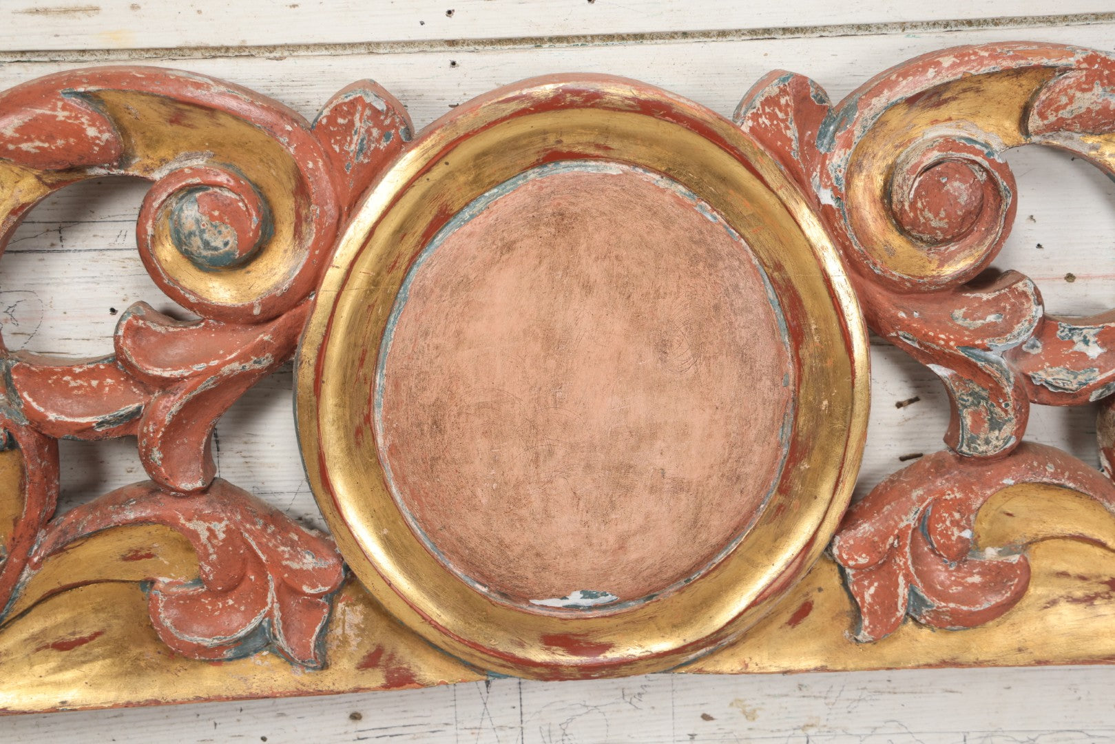Lot 008 - Vintage Rococo Style Carved And Painted Wood Architectural Element, Pediment, Possible Carnival Remnant, Circa 20th Century, With Modern Hardware, As Found, 49-1/8" x  13-1/2"