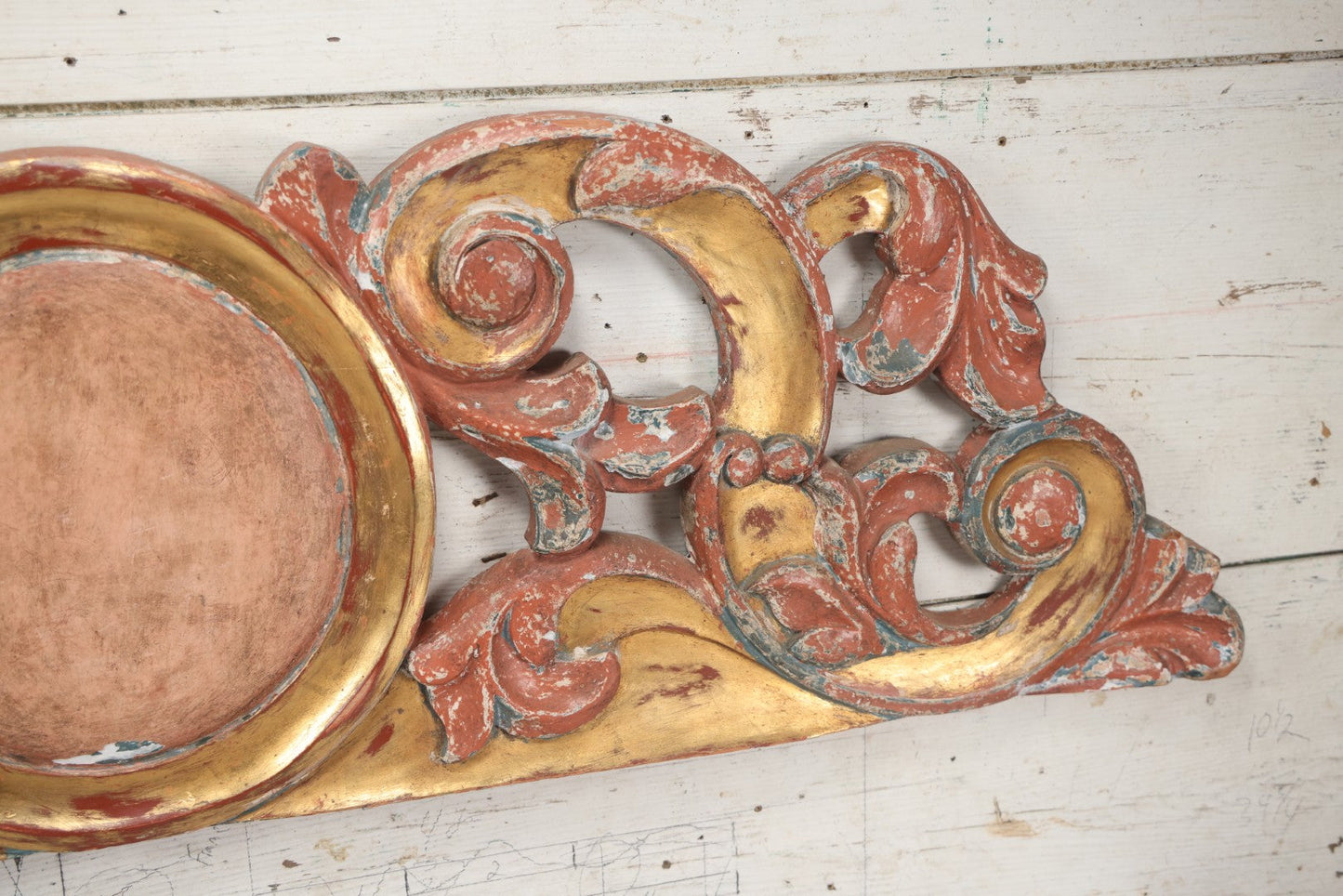 Lot 008 - Vintage Rococo Style Carved And Painted Wood Architectural Element, Pediment, Possible Carnival Remnant, Circa 20th Century, With Modern Hardware, As Found, 49-1/8" x  13-1/2"