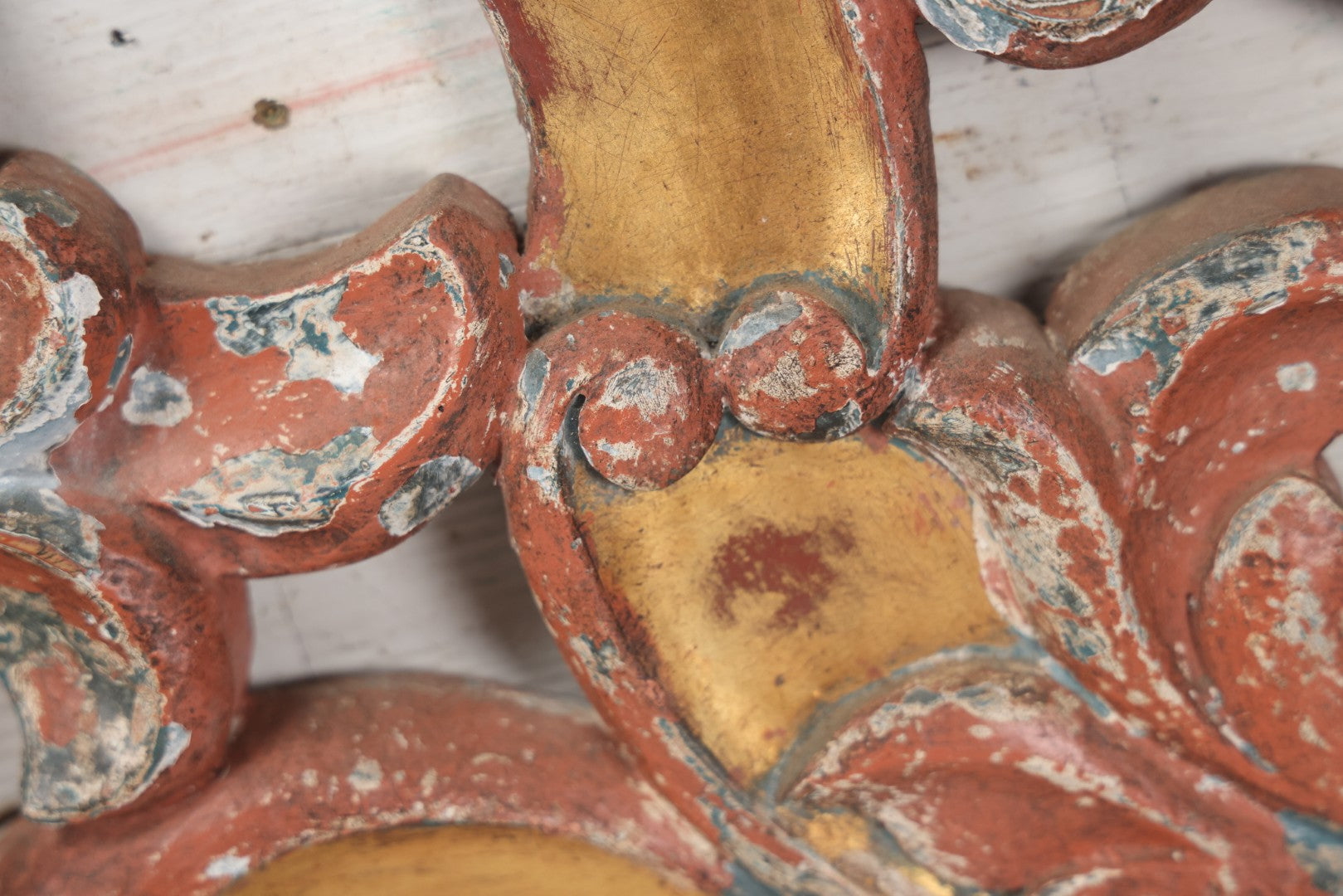 Lot 008 - Vintage Rococo Style Carved And Painted Wood Architectural Element, Pediment, Possible Carnival Remnant, Circa 20th Century, With Modern Hardware, As Found, 49-1/8" x  13-1/2"