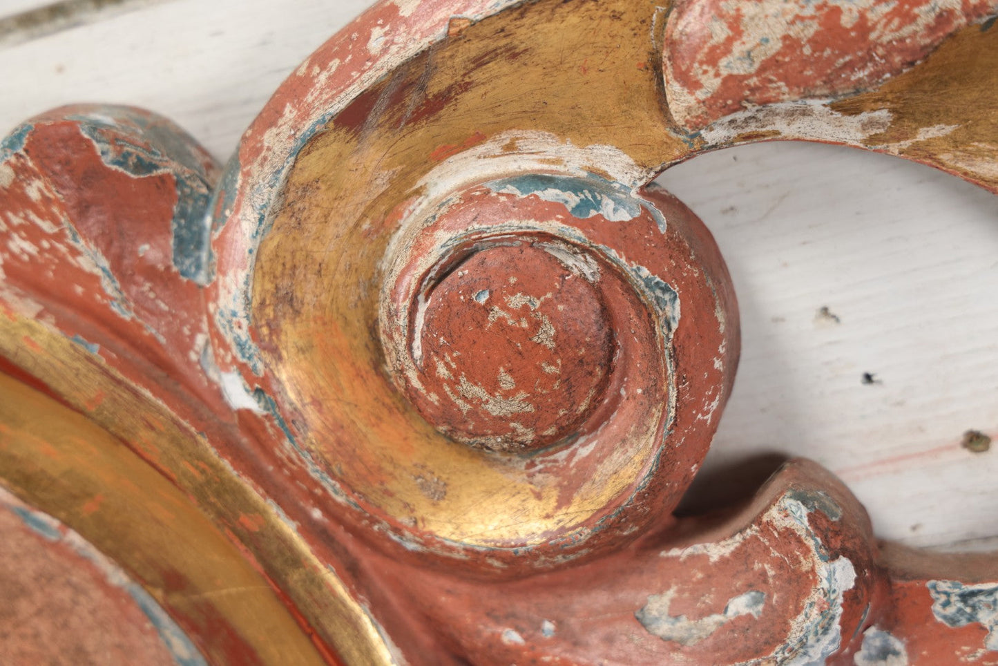 Lot 008 - Vintage Rococo Style Carved And Painted Wood Architectural Element, Pediment, Possible Carnival Remnant, Circa 20th Century, With Modern Hardware, As Found, 49-1/8" x  13-1/2"