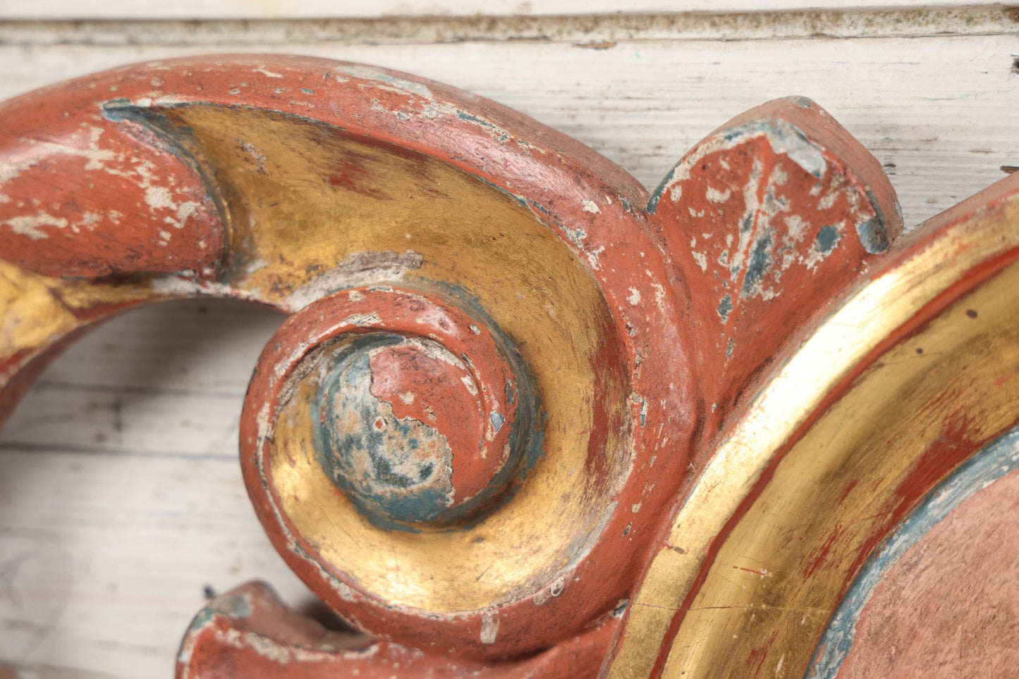 Lot 008 - Vintage Rococo Style Carved And Painted Wood Architectural Element, Pediment, Possible Carnival Remnant, Circa 20th Century, With Modern Hardware, As Found, 49-1/8" x  13-1/2"