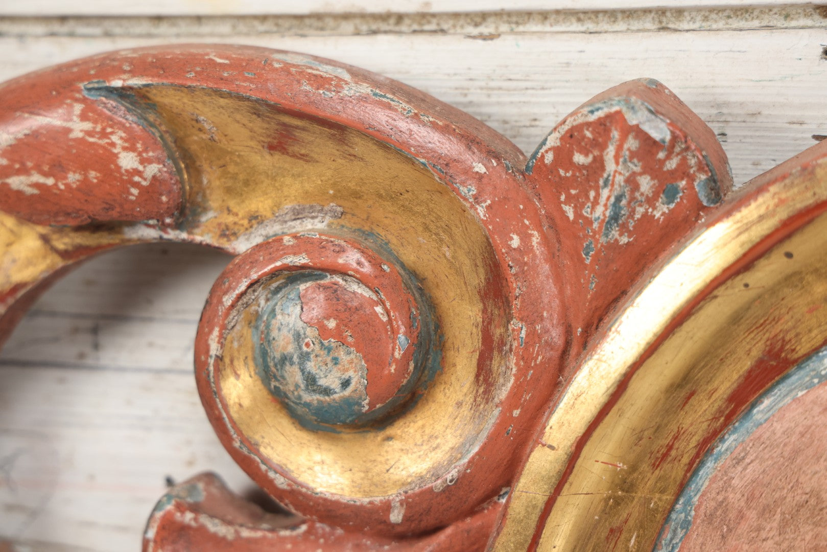 Lot 008 - Vintage Rococo Style Carved And Painted Wood Architectural Element, Pediment, Possible Carnival Remnant, Circa 20th Century, With Modern Hardware, As Found, 49-1/8" x  13-1/2"