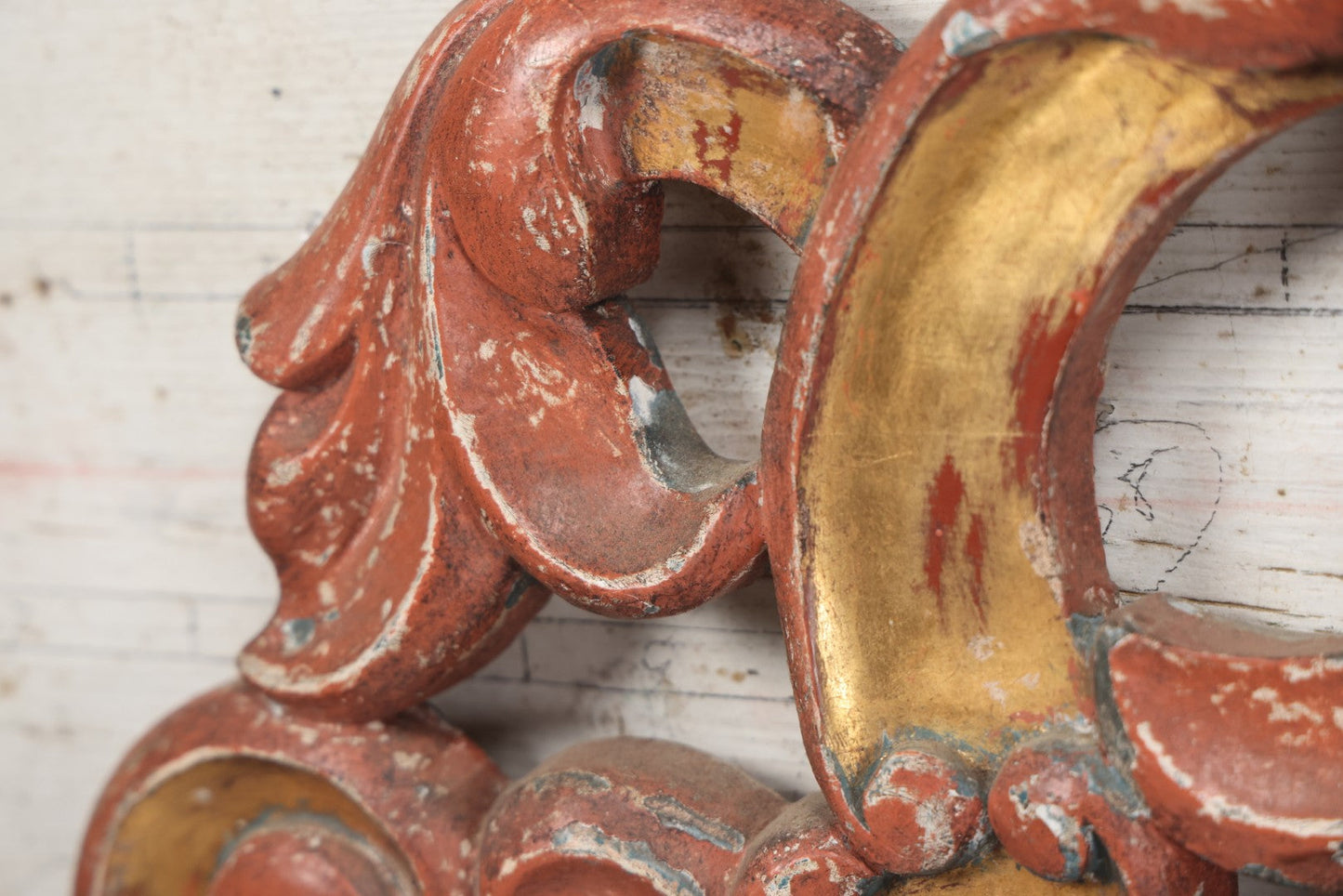 Lot 008 - Vintage Rococo Style Carved And Painted Wood Architectural Element, Pediment, Possible Carnival Remnant, Circa 20th Century, With Modern Hardware, As Found, 49-1/8" x  13-1/2"