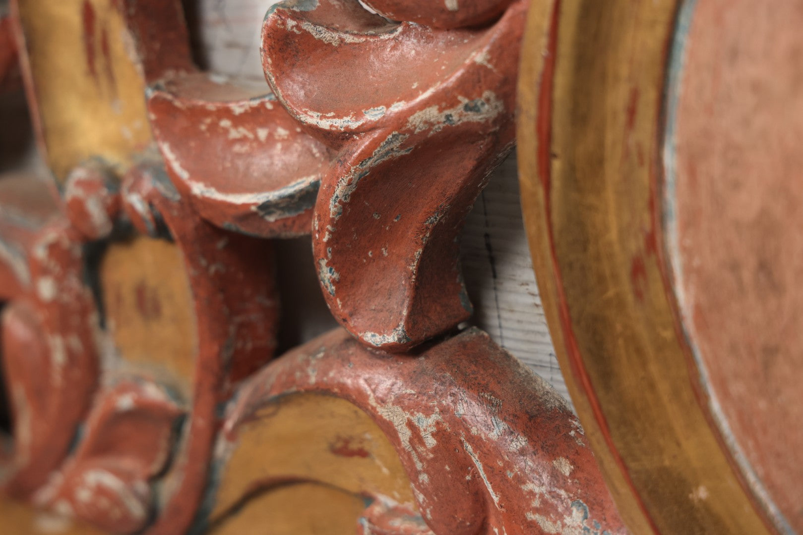 Lot 008 - Vintage Rococo Style Carved And Painted Wood Architectural Element, Pediment, Possible Carnival Remnant, Circa 20th Century, With Modern Hardware, As Found, 49-1/8" x  13-1/2"
