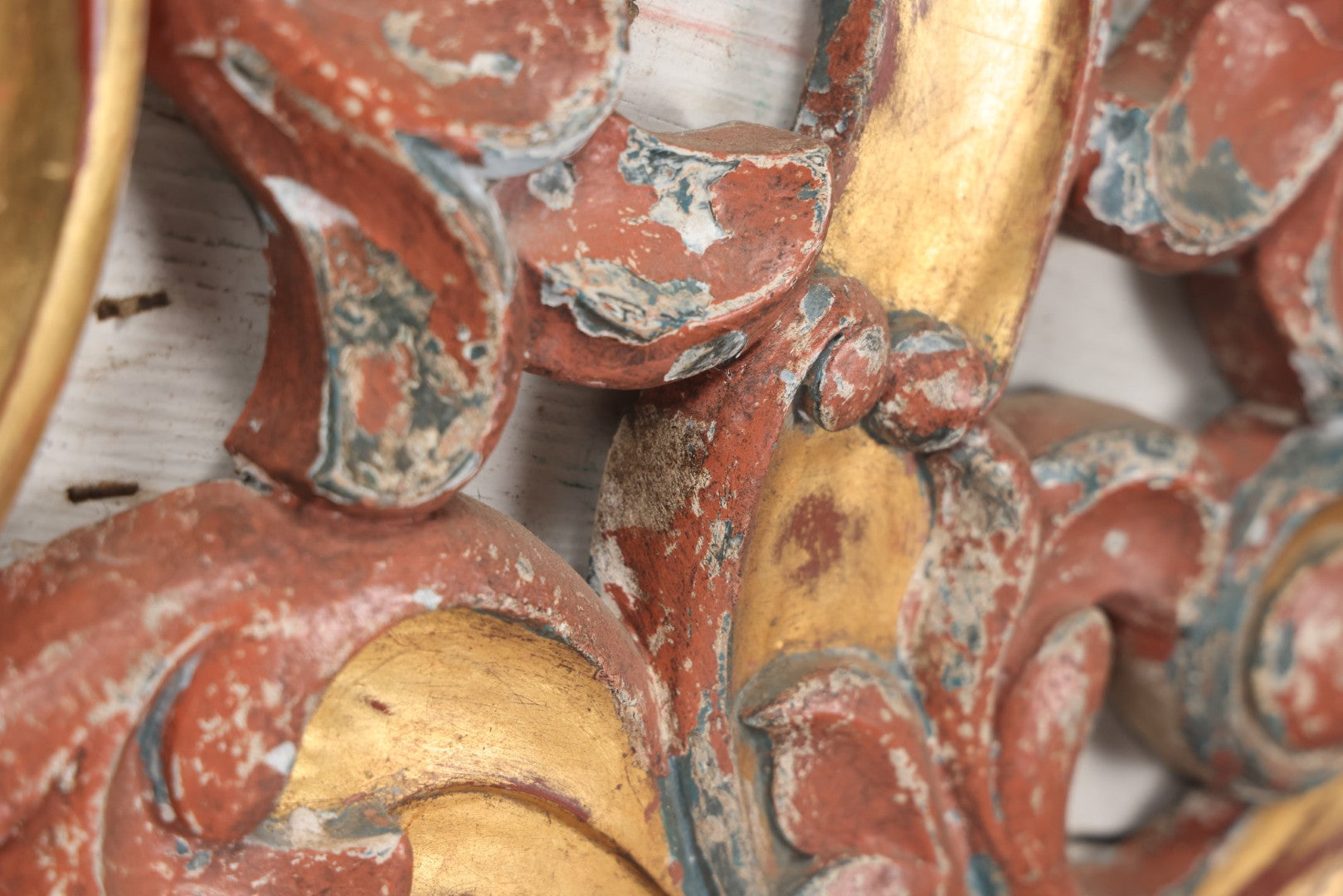 Lot 008 - Vintage Rococo Style Carved And Painted Wood Architectural Element, Pediment, Possible Carnival Remnant, Circa 20th Century, With Modern Hardware, As Found, 49-1/8" x  13-1/2"