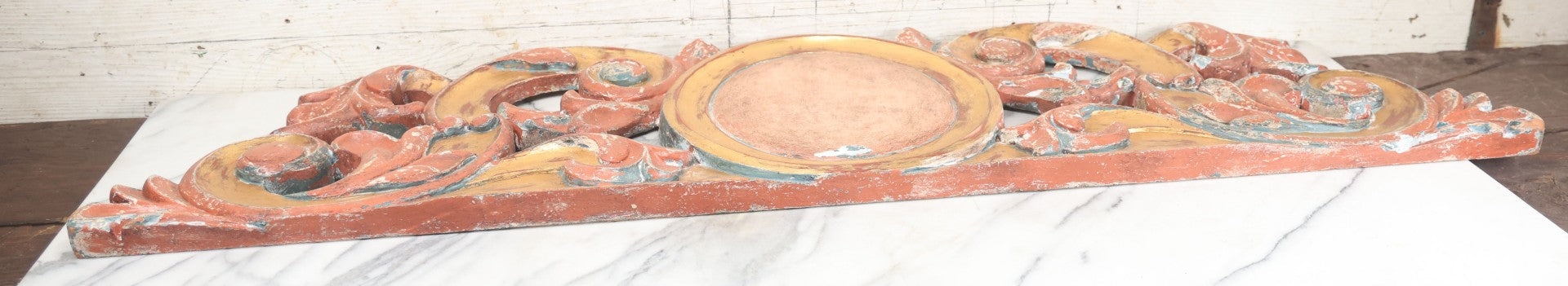 Lot 008 - Vintage Rococo Style Carved And Painted Wood Architectural Element, Pediment, Possible Carnival Remnant, Circa 20th Century, With Modern Hardware, As Found, 49-1/8" x  13-1/2"