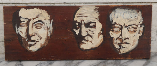 Lot 009 - Vintage Painting On Tongue And Groove Wood Panel Of Horror Icons Vincent Price, Peter Lorre, And Boris Karloff, Stars Of "The Raven" (1935), 22-5/8" x 8-1/2"