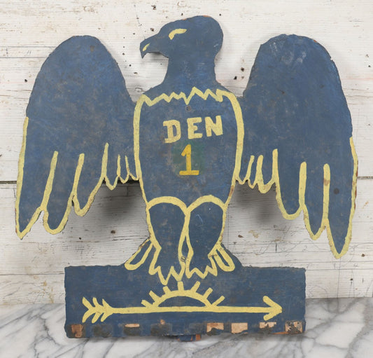 Lot 010 - Vintage Folk Art Cub Scout Boy Scout Den 1 Blue And Gold Hand Painted Masonite Eagle Cut Out Sign, With Partial Post, 19-1/4" x 18 3/4"